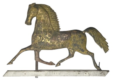 19THC. COPPER BLACK HAWK WEATHERVANE W/ REPLACED LEG (WOODEN) & SUPPORT  ROD, 19THC.   27" X 18"