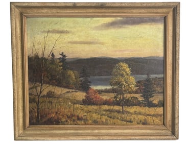 OIL / BOARD "OTESAGA LAKE" COOPERSTOWN, NY SGND ILLEGIBLY 16" X 20"