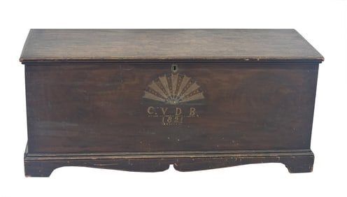 DATED 1821 ALBANY CO.PAINTED 6 BOARD BLANKET CHEST PINE, C.V.D.B. WITH FAN DECORATION 21 1/2" X 48"