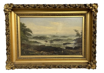 OIL/ BOARD AMERICAN SCHOOL "WAVES BREAKING ON THE SHORE" UNSIGNED 10 1/2" X  16"