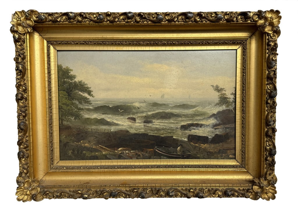 OIL/ BOARD AMERICAN SCHOOL "WAVES BREAKING ON THE SHORE" UNSIGNED 10 1/2" X  16" (1 of 6)