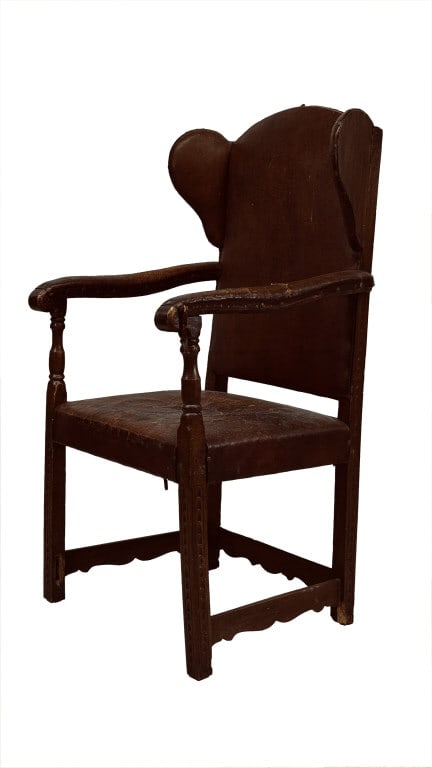 EARLY ENGLISH ARM CHAIR WITH LEATHER UPHOLSTERY MISSING FRONT STRETCHER 48' TALL X 24" X 24" DEEP (1 of 8)