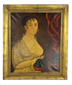 OIL / CANVAS PORTRAIT OF A WOMAN IN AN INTERIOR WITH RED DRAPE 24" X 20"