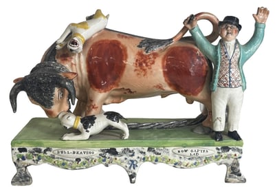 C. 1830 STAFFORDSHIRE FIGURINE "BULL BAITING..." DAMAGE & REPAIRS 13" X 9 1/2"