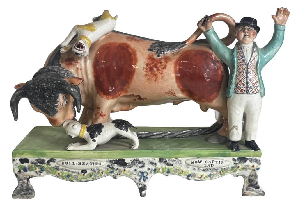 C. 1830 STAFFORDSHIRE FIGURINE "BULL BAITING..." DAMAGE & REPAIRS 13" X 9 1/2" (1 of 8)
