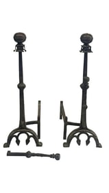 PR OF 40 1/2" TALL CONTINENTAL ANDIRONS W/ BRASS BALL FINIALS (DMG) 40 1/2" X 14" X 30"