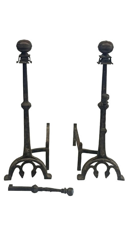 PR OF 40 1/2" TALL CONTINENTAL ANDIRONS W/ BRASS BALL FINIALS (DMG) 40 1/2" X 14" X 30" (1 of 5)