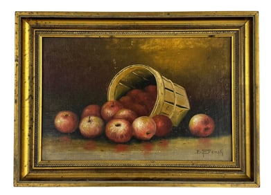 OIL / CANVAS E. FRENCH "STILL LIFE OF APPLES & BASKET " 12" X 18"