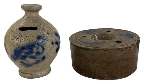 RARE COBALT DECORATED STONEWARE BANK & INK POT CHIP ON BANK