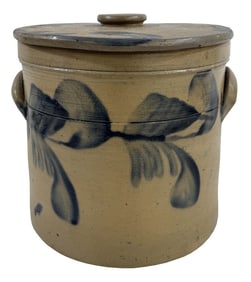 PA LIDDED CROCK WITH COBALT DECORATION 8 1/2" X 9"