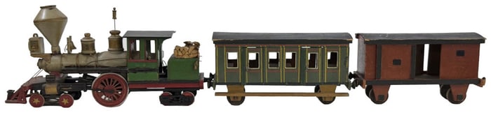 FOLK ART CARVED WOODEN TRAIN W/ STEAM LOCOMOTIVE PULLMAN & BOX CARS 43" LONG X 9" TALL