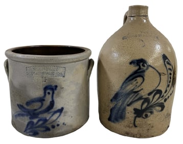 NEW YORK STONEWARE SALT GLAZED BIRD CROCK & JUG JUG 12 3/4" TALL