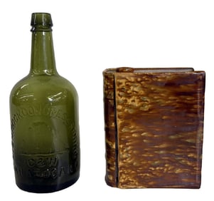 BENNINGTON FLINT GLAZED BOOK FLASK & SARATOGA HIGH ROCK CONGRESS SPRING BOTTLE 9 3/4" TALL