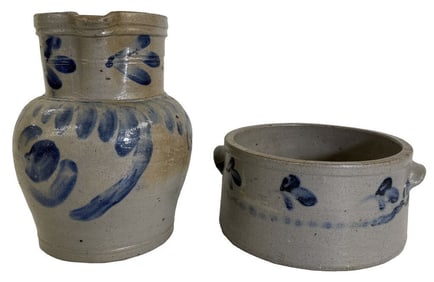 PA STONEWARE CAKE CROCK & BATTER PITCHER PITCHER 9 3/4" TALL, LINES IN BOTH