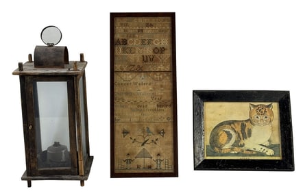 LANTERN, CAT LITHOGRAPH & SAMPLER DATED 1800
