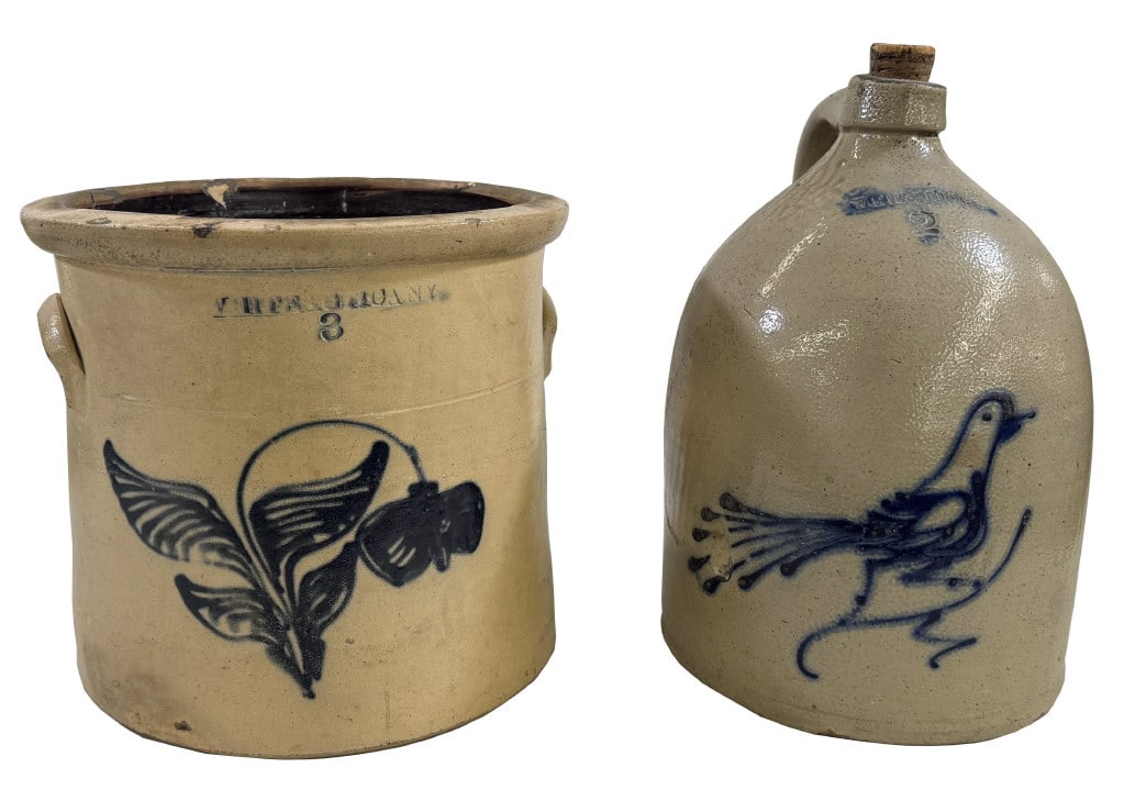 SALT GLAZED WHITES UTICA, NY JUG & CROCK WITH COBALT DECORATION, CROCK HAS DAMAGE (1 of 12)