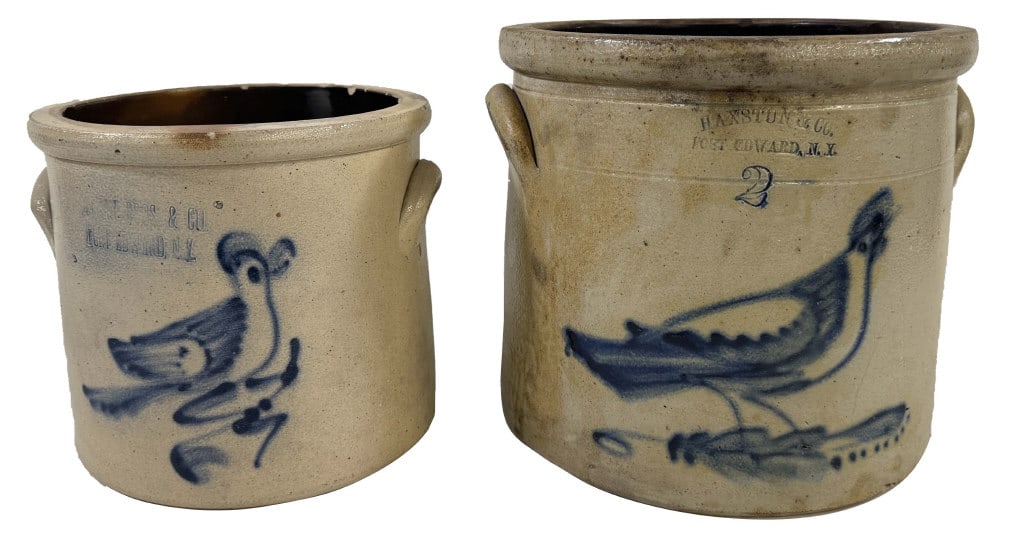TWO FORT EDWARD STONEWARE BIRD CROCKS, 1 & 2 GALLON SIZE (1 of 13)