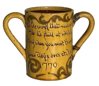 DOUBLE HANDLED YELLOW GLAZED MUG INSCRIBED 1770 OLD REPAIRS, ENGLISH  5 1/2" X 8"