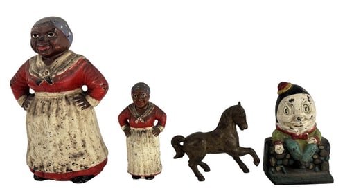 3 CAST IRON STILL BANKS & 1 DOORSTOP, HUMPY DUMPTY HORSE, ETC.