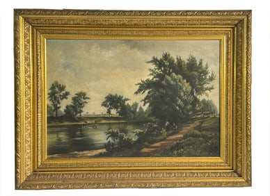 19THC. OIL/ CANVAS BUCOLIC LANDSCAPE, UNSIGNED 18" X 26"
