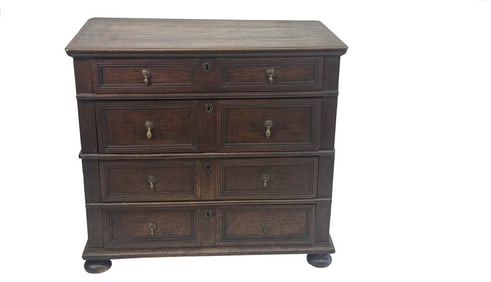 18THC. ENGLISH CHEST IN TWO SECTIONS ON BALL FEET 35 1/2" X 37 1/2" X 21"