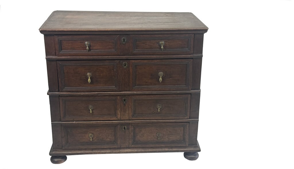 18THC. ENGLISH CHEST IN TWO SECTIONS ON BALL FEET 35 1/2" X 37 1/2" X 21" (1 of 8)