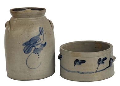 2 PCS. SALT GLAZED COBALT DECORATED STONEWARE BIRD CROCK & CAKE PAN  10 1/2" X 11 1/2" & 12" X 9" ,
