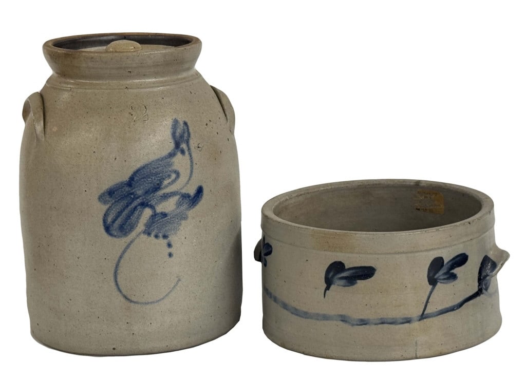2 PCS. SALT GLAZED COBALT DECORATED STONEWARE BIRD CROCK & CAKE PAN  10 1/2" X 11 1/2" & 12" X 9" , (1 of 3)