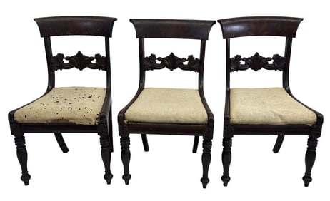 3 MATCHING BOSTON SIDE CHAIRS, CRISPLY CARVED SPLATS & TURNED LEGS , 1 CREST LOOSE  34" X 19" X 19"