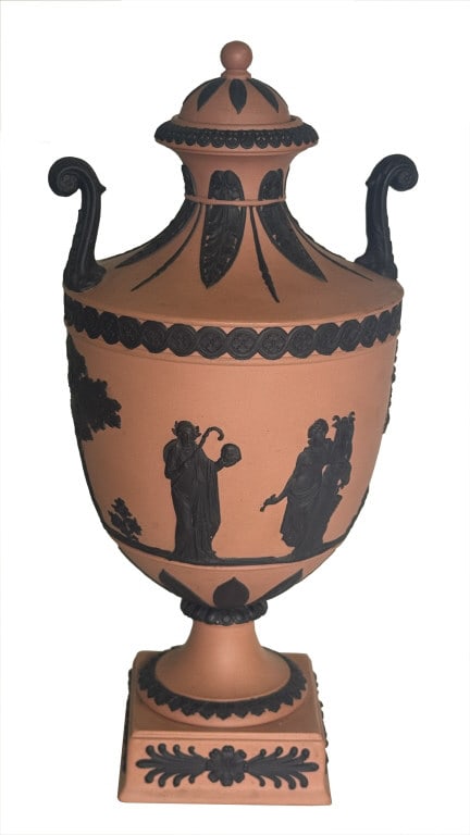 WEDGWOOD URN WITH CLASSICAL BASALT FIGURES ON TERRA COTTA GROUND 11" X 5" (1 of 6)