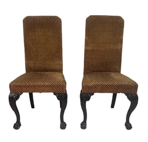 PR OF CHIPPENDALE STYLE UPHOLSTERED CHAIRS BALL & CLAW FEET & CARVED KNEES 43" X 21 1/2" X 21 1/2"