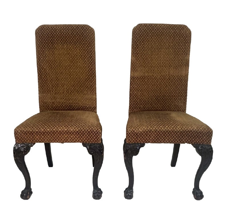 PR OF CHIPPENDALE STYLE UPHOLSTERED CHAIRS BALL & CLAW FEET & CARVED KNEES 43" X 21 1/2" X 21 1/2" (1 of 7)