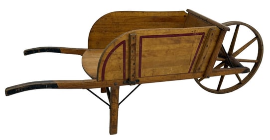 PARIS MTG CO. WOODEN WHEEL BARROW, EXC. CONDITION REMOVABLE SIDES 62" LONG