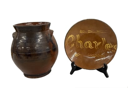 11" REDWARE "CHARLES" PLATE & OVOID REDWARE JAR, CHIPS & GLAZE LOSS ON JAR 11" X 9 1/2"