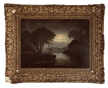 OIL/ BOARD 19THC. AMERICAN SCHOOL "MOON LIT COVE" UNSIGNED, 14 1/2" X 19 1/2"