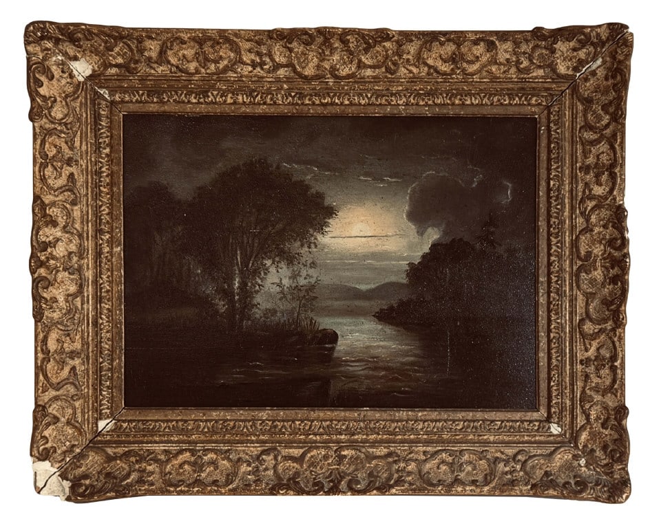 OIL/ BOARD 19THC. AMERICAN SCHOOL "MOON LIT COVE" UNSIGNED, 14 1/2" X 19 1/2" (1 of 3)