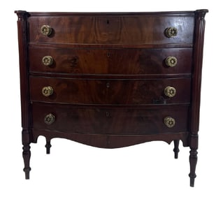 MA BOW FRONT MAHOGANY SHERATON CHEST W/ COOKIE CORNERS & PERIOD BRASS 38 1/2" X 37" X 19"