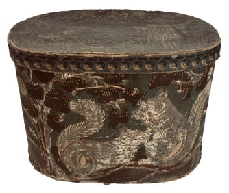 RARE BANDBOX WITH SQUIRREL WALL PAPER 11 1/2" X 17" X 13"