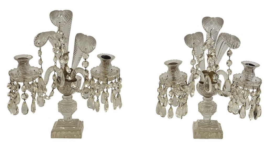 PR OF DOUBLE LIGHT CRYSTAL GIRONDOLES, PRINCE OF WALES PLUMES 17 1/2" X 15" (1 of 4)