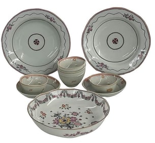 CHINA TRADE PORCELAIN INC. 2- 9" SOUP PLATES, 6 HANDLELESS CUPS & SAUCERS & STRAINER