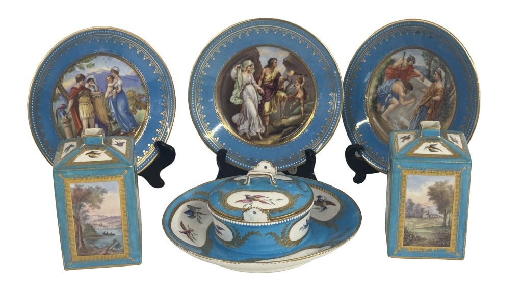 FRENCH & AUSTRIAN CHINA INC. 3 ROYAL VIENNA PLATES 7 1/4" DIAM. & SEVRES BOTTLES & COVERED POT (1 of 15)