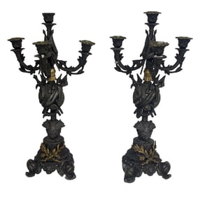 PR OF CAST IRON ZINC 4 LIGHT CANDELABRAS W/ GILDED ELEMENTS 21" X 10"