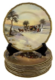 11 ROYAL WORCESTER ARTIST SGND COACHING PLATES, SGND S. STANLEY ,  10 1/2" DIAM.