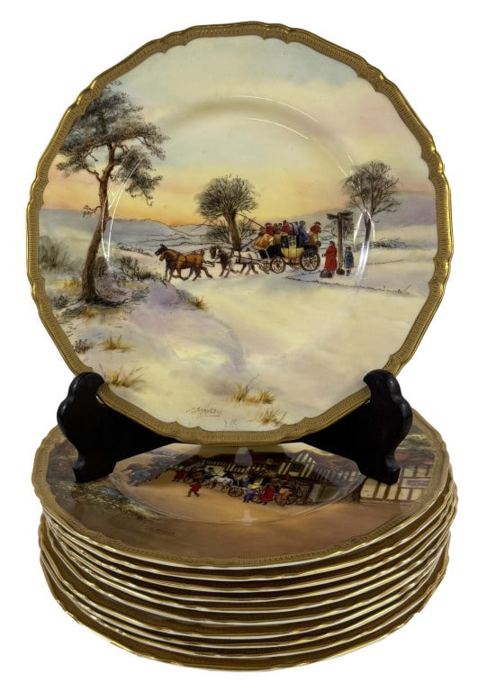 11 ROYAL WORCESTER ARTIST SGND COACHING PLATES, SGND S. STANLEY ,  10 1/2" DIAM. (1 of 8)