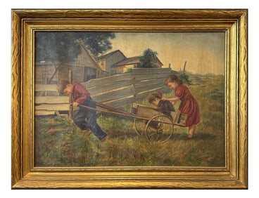 19THC. OIL/CANVAS "WHEELBARROW PLAY" UNSIGNED 20" X 28"