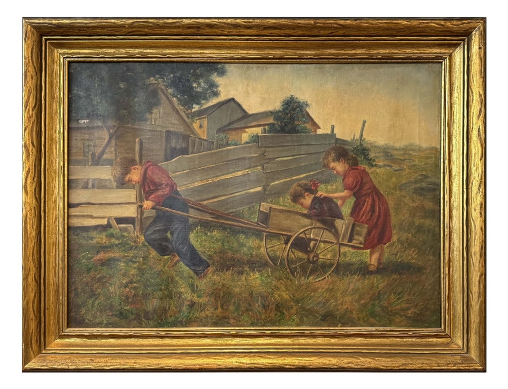 19THC. OIL/CANVAS "WHEELBARROW PLAY" UNSIGNED 20" X 28" (1 of 5)