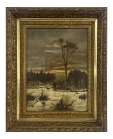 19THC. O/ BD,  WINTER LANDSCAPE IN ORIG. GILDED FRAME 15 1/2" X 11 1/2"
