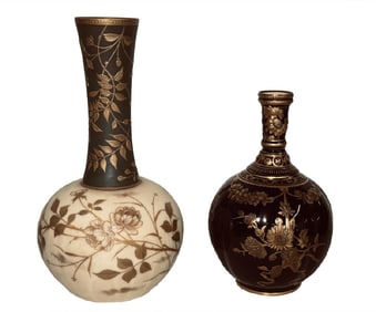 2 ENAMEL DECORATED VASES, 1 ROYAL CROWN & 1 IN THE MANNER OF THOMAS WEBB,  9 3/4" & 12 7/8"