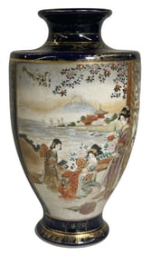 SATSUMA VASE W/ SCENIC PANELS ON COBALT BLUE & GILDED GROUND 9 1/2" TALL