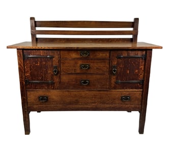 GUSTAV STICKLY CRAFTSMAN FURNITURE SIDEBOARD C.1920, ORIGINAL FINISH & HARDWARE   48" X 56" X 21"